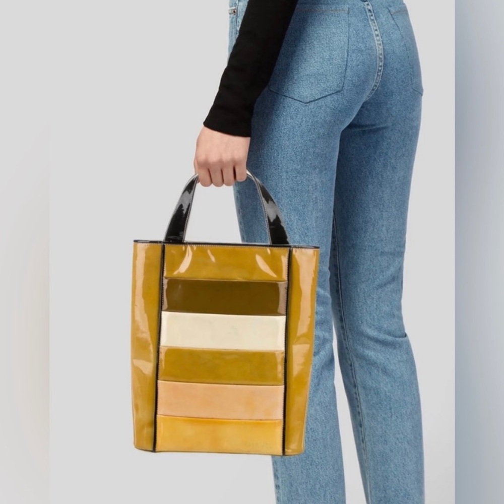 CHANEL Mustard and Black Patent Stripe Tote